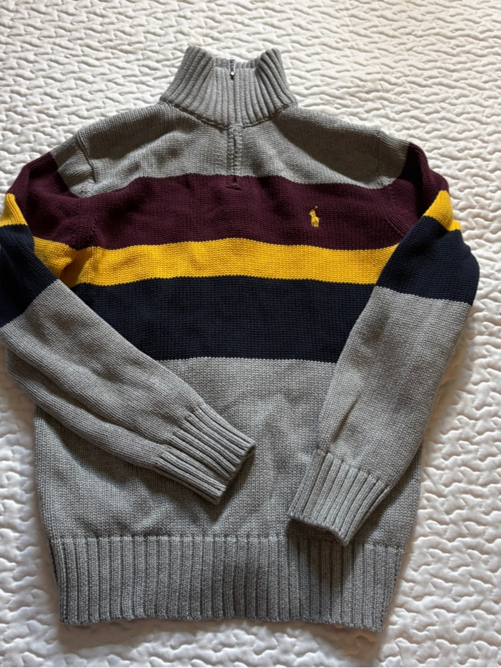 Polo by Ralph Lauren Gray 1/4 zip Sweater with Maroon, Navy & Yellow Stripes